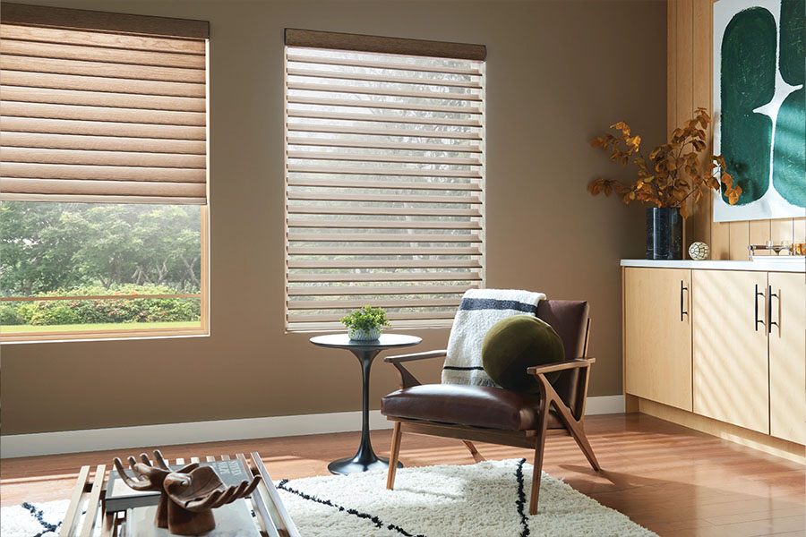 Tan sheer shades on living room windows